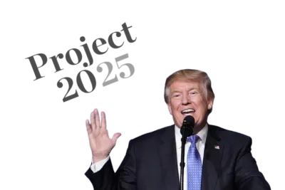 A photo of Trump with the Project 2025 logo