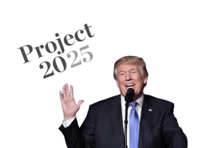 A photo of Trump with the Project 2025 logo